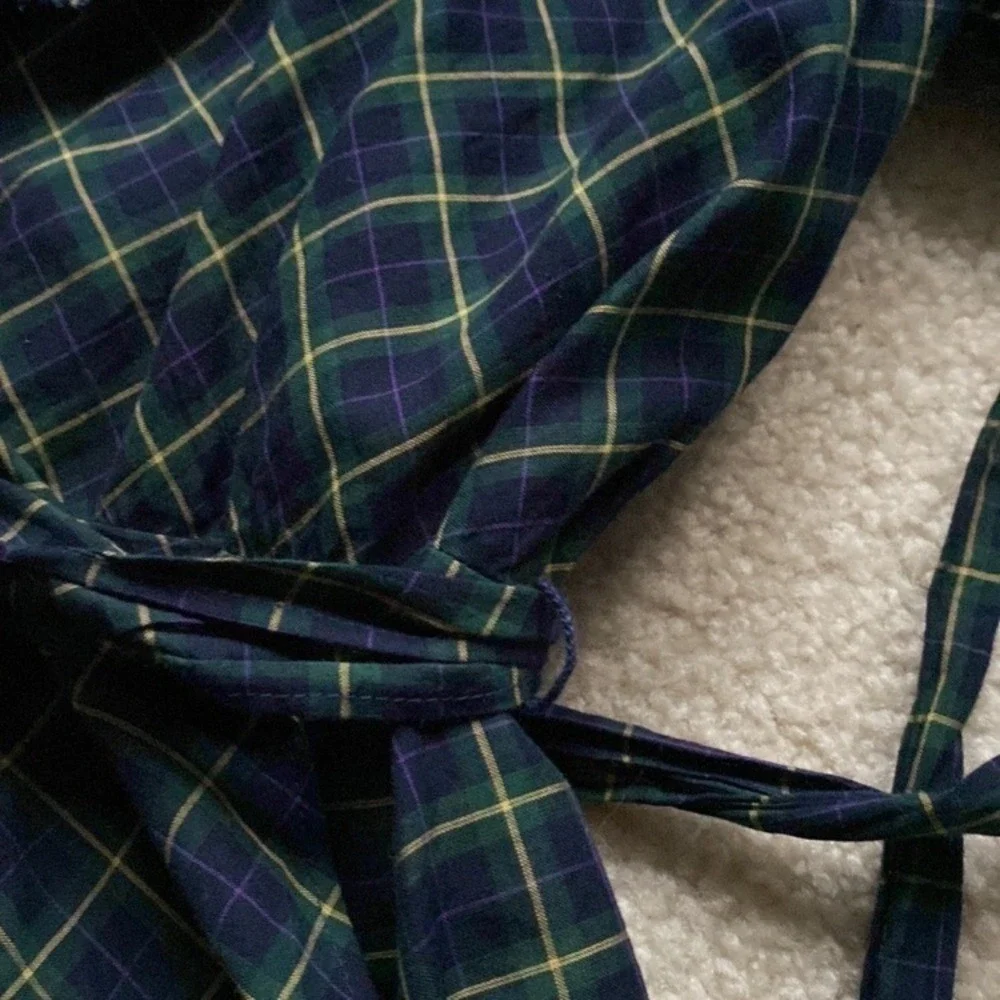 Ralph Lauren Girls Green Navy Plaid Ruffle Wrap Dress Cotton‎ Size 12 Preppy